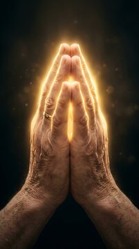 Praying hands glowing with divine light, symbolizing faith, hope, and spiritual connection in a moment of profound devotion.