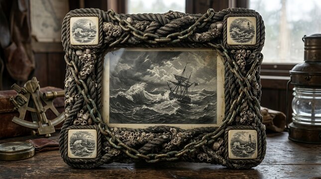 Vintage nautical frame featuring a ship in storm illustration.