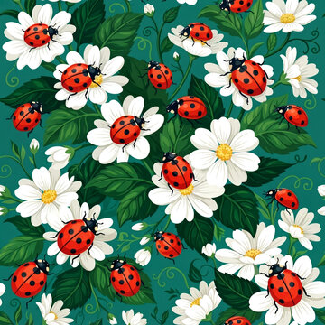 seamless pattern with flowers and ladybug