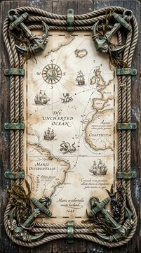 Vintage nautical map frame with rope and anchors.
