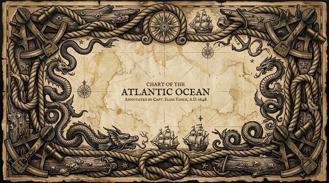 Vintage nautical map frame with sea monsters and ships.