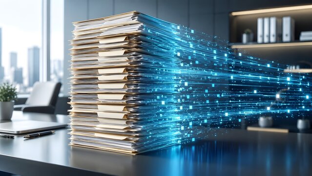 Massive stack of physical office folders transforming into glowing blue digital data streams illustrating document digitization and fast data conversion