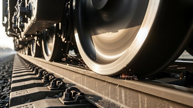 Close-up shot of a train's metal wheels rolling on rusty railway tracks, creating sparks in the sunlight, capturing the power and movement of industrial transport.