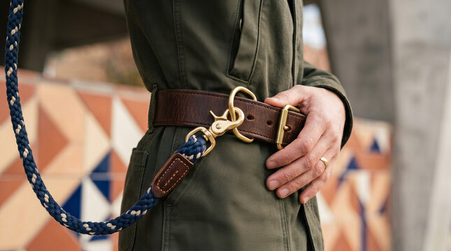 Hands free dog leash clipped to a brown leather belt. Braided rope pet lead with brass clasp. Close up of active dog walking gear