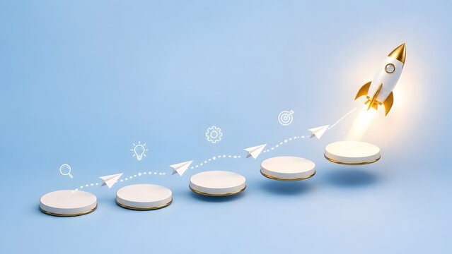 Rocket launching from stepping stones with paper airplanes and floating business icons illustrating startup growth and successful project execution