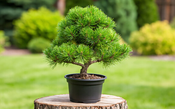Cultivar dwarf mountain pine Pinus mugo var. pumilio in plastic pot, ready for planting. Mountain dwarf pine scrub, Swiss mountain pine. Gardeen design.