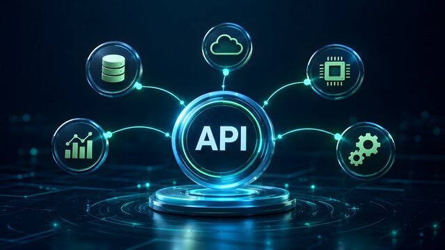 Glowing digital API concept showing central interface connecting to database cloud processing and analytics icons representing software integration