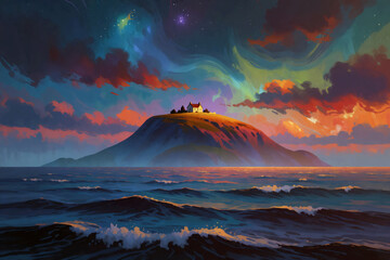 Fototapeta premium Fantasy Volcanic Island beneath Colorful Aurora Sky
