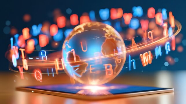 Globe with floating luminous letters and symbols swirling around digital device