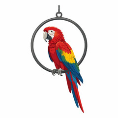 Fototapeta premium Vibrant Red Parrot Perched on Metal Ring Hanging Ornament Vector 