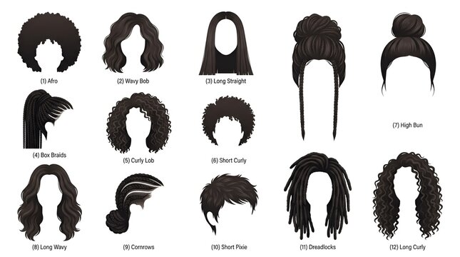 Diverse Hairstyle Silhouettes Collection on White Background