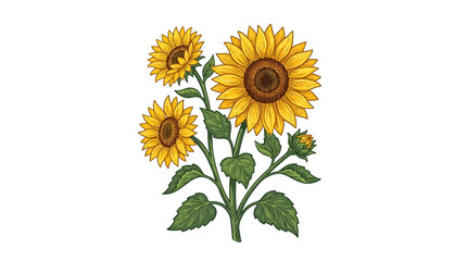 Fototapeta premium Beautiful illustration of a cluster of bright yellow sunflowers with green leaves on a white background.