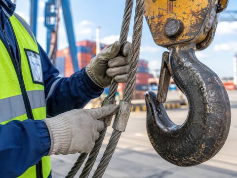 A worker in a neon vest holds crane cables at a shipping yard, inspecting equipment for safety.