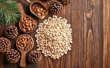 Fototapeta premium Pine nuts or cedar nuts with cedar cone on a wooden background.