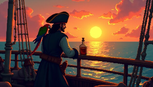 Pixel art pirate captain on ship deck at sunset with parrot and rum