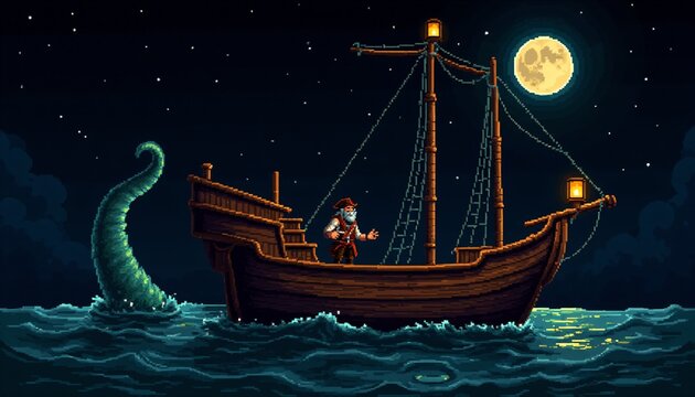 Pixel art pirate ship sailing at night with sea monster tentacle risin