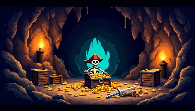 Pixel art pirate skeleton sitting in treasure chest with gold coins in