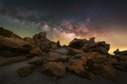 View of the volcanic landscape of Minas de San Jose under the Milky Way at night in La Orotava, Canary Islands, Spain.