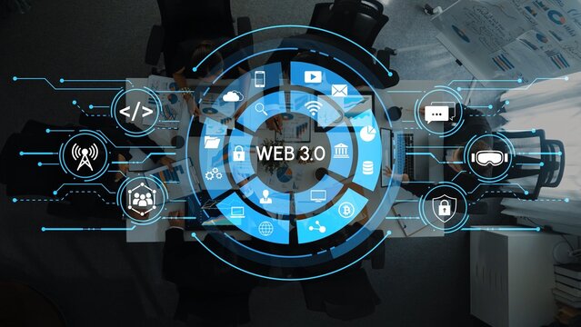 Modern Digital Workspace Concept with Web 3.0 Technology Icons Representing Future Internet and Connectivity in a Professional Environment. Entropy.
