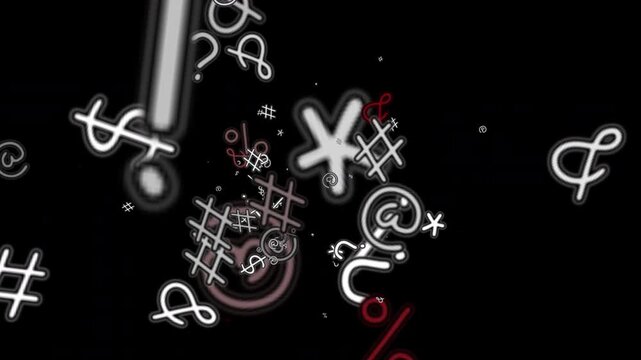 Flowing Stream of Glowing White and Red Abstract Mathematical and Punctuation Symbols