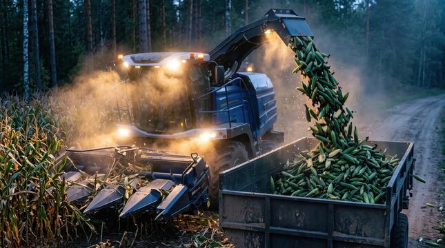 Combine harvester harvesting corn at night, loading maize into trailer with bright headlights and dust
