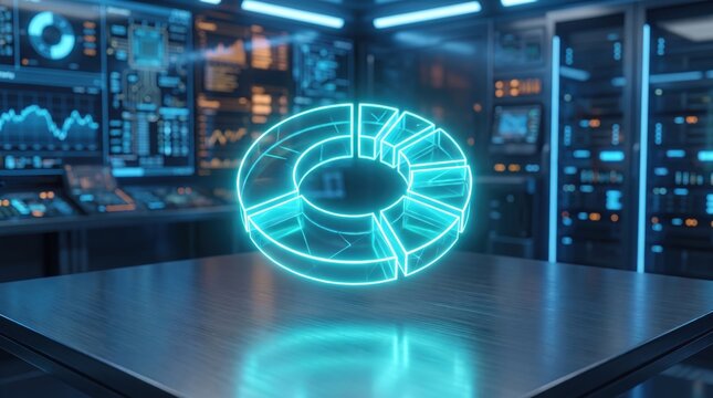 Neon blue pie chart hologram in high-tech data center for futuristic data analysis