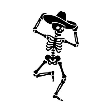 Skeleton wearing sombrero adjusting hat dancing playfully dia de los muertos