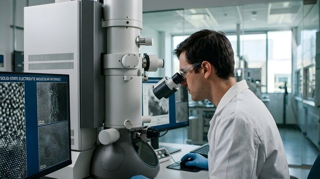 Scientist researching solid-state electrolyte molecular interface for advanced EV battery technology