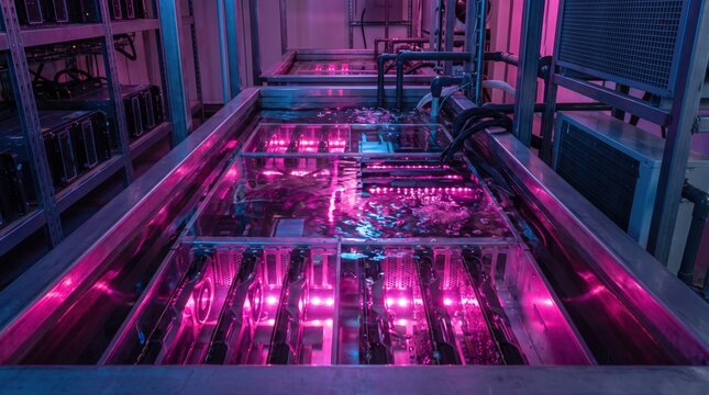 Immersion Cooling System for Cryptocurrency Mining Servers with Pink Neon Lighting