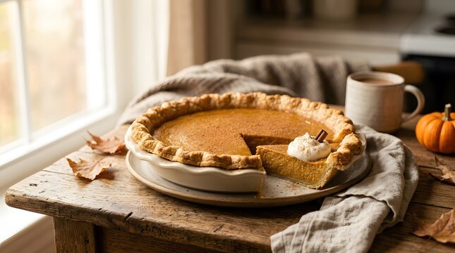 Flat vector of a pie on a wooden table with a slice taken out and a cup nearby