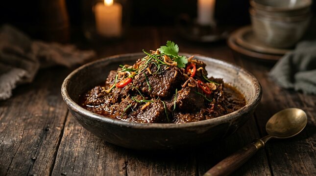 Traditional Indonesian beef rendang with rich dark spices in ceramic bowl