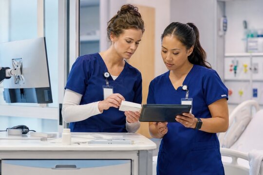 Two female nurses reviewing patient records on a digital tablet in a modern clinic