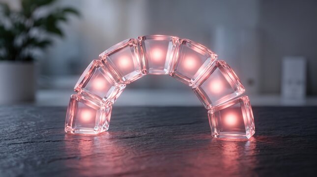 Glowing pink glass cube arch on dark stone surface with blurred interior background