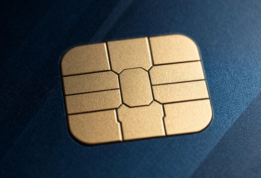 Detailed close up macro shot of gold EMV microchip on blue electronic payment credit card surface