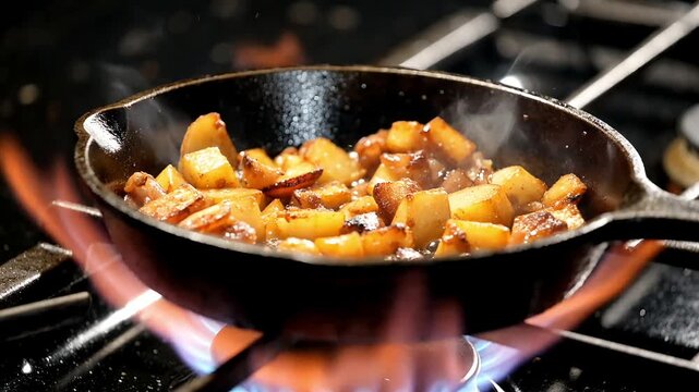 Golden potato slices frying with oil in hot skillet over gas flame
