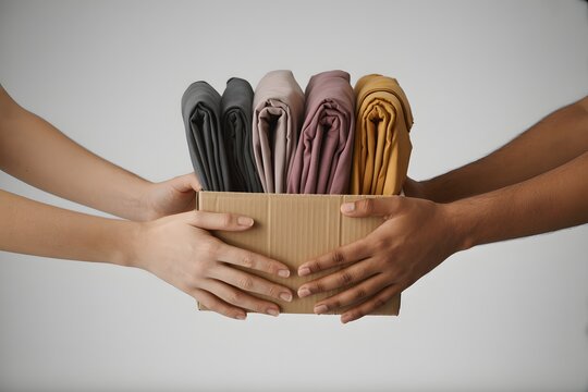 Close up of diverse hands sharing a cardboard box full of colorful clothing