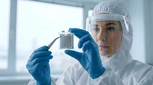 Scientist in a cleanroom examining an advanced lithium-ion battery cell for EV battery technology