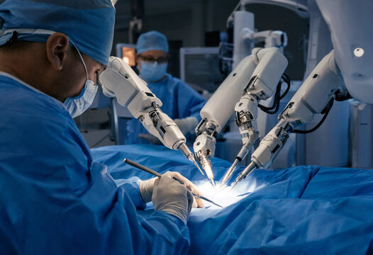 Male surgical specialist operating advanced medical robotic arm technology in high tech operating room