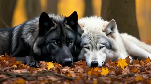 Black and white wolves lying on autumn leaves in forest