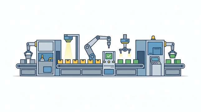 Modern automated industrial production line with robotic arms and conveyor belt for manufacturing process in smart factory