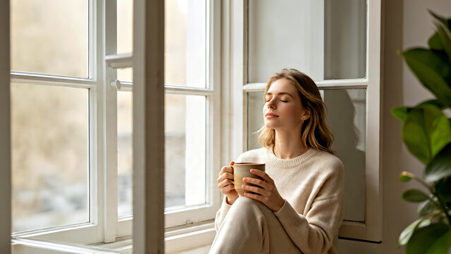 Finding the Perfect Moment: Serene Woman Sips Coffee by a Sun-Drenched Window