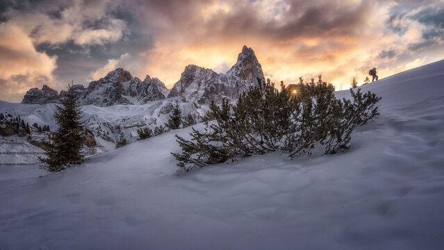 View of Passo Rolle at sunset with a hiker walking on snow-covered slopes, dramatic clouds, and pine trees in the Dolomites, Passo Rolle, Trentino-Alto Adige, Italy.