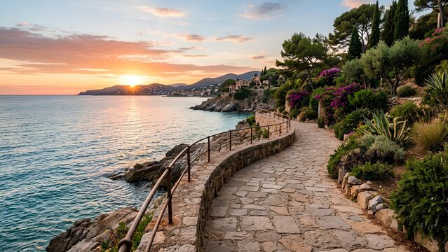 Paved coastal walking path along a rocky shoreline during a colorful ocean sunset.