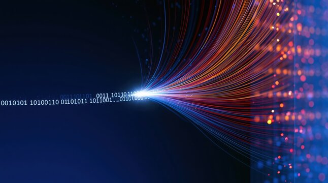 Technology abstract visualization of binary data streaming through fiber optic
