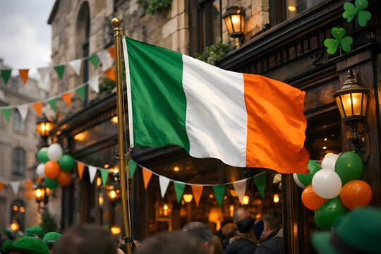 Irish Flag Waving Outside Pub Decorated for St Patricks Day Celebration