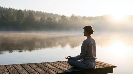 Fototapeta premium Meditation and yoga for a woman at a lake during a peaceful sunrise for wellness