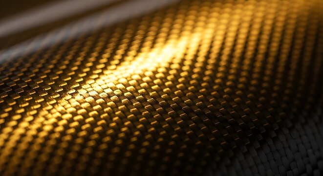 Macro shot of dark woven carbon fiber texture with golden light highlights and abstract pattern