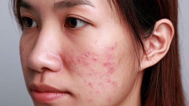 acne on woman face with rash skin, scar, and red skin syndrome allergic to cosmetics, use steroids, dermatology, inflammation, infection, hygiene