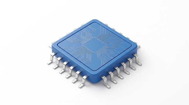 Blue 3 d rendered microchip with intricate circuit patterns, glowing edges, and hexagonal grid base