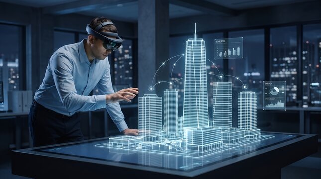 Smart city energy management visualization featuring an engineer using an augmented reality headset to analyze urban density and power consumption